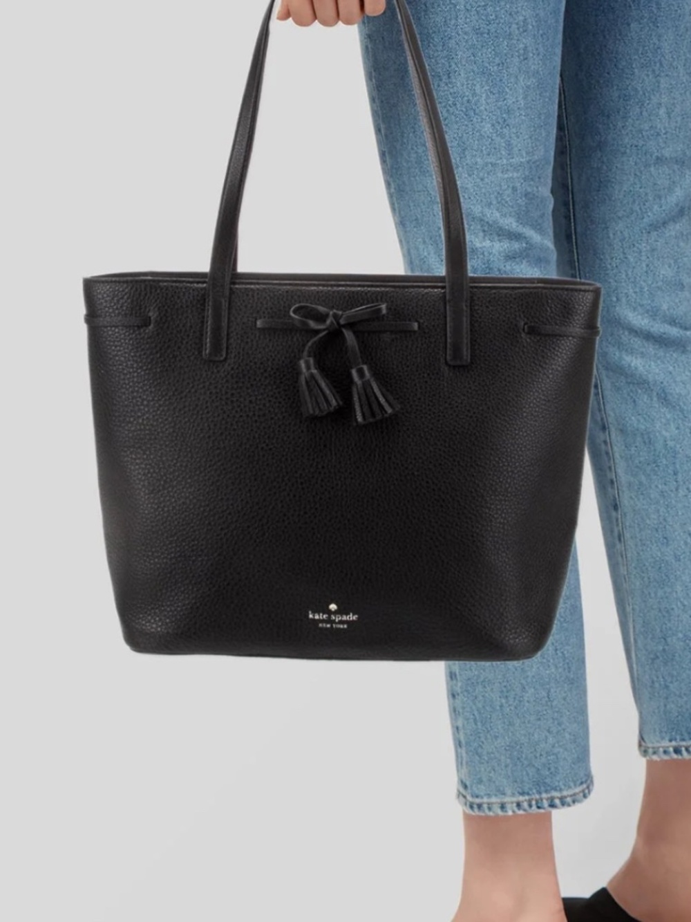KATE SPADE BLACK PEBBLED LEATHER BOW TASSEL TOTE